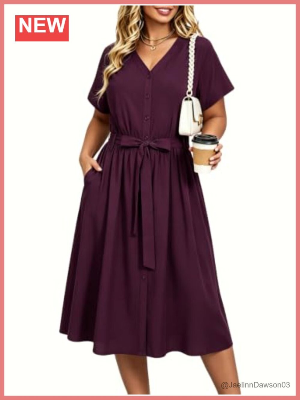 Plus Size A-Line Midi Work Dress with Pockets & Belt Short Sleeve
